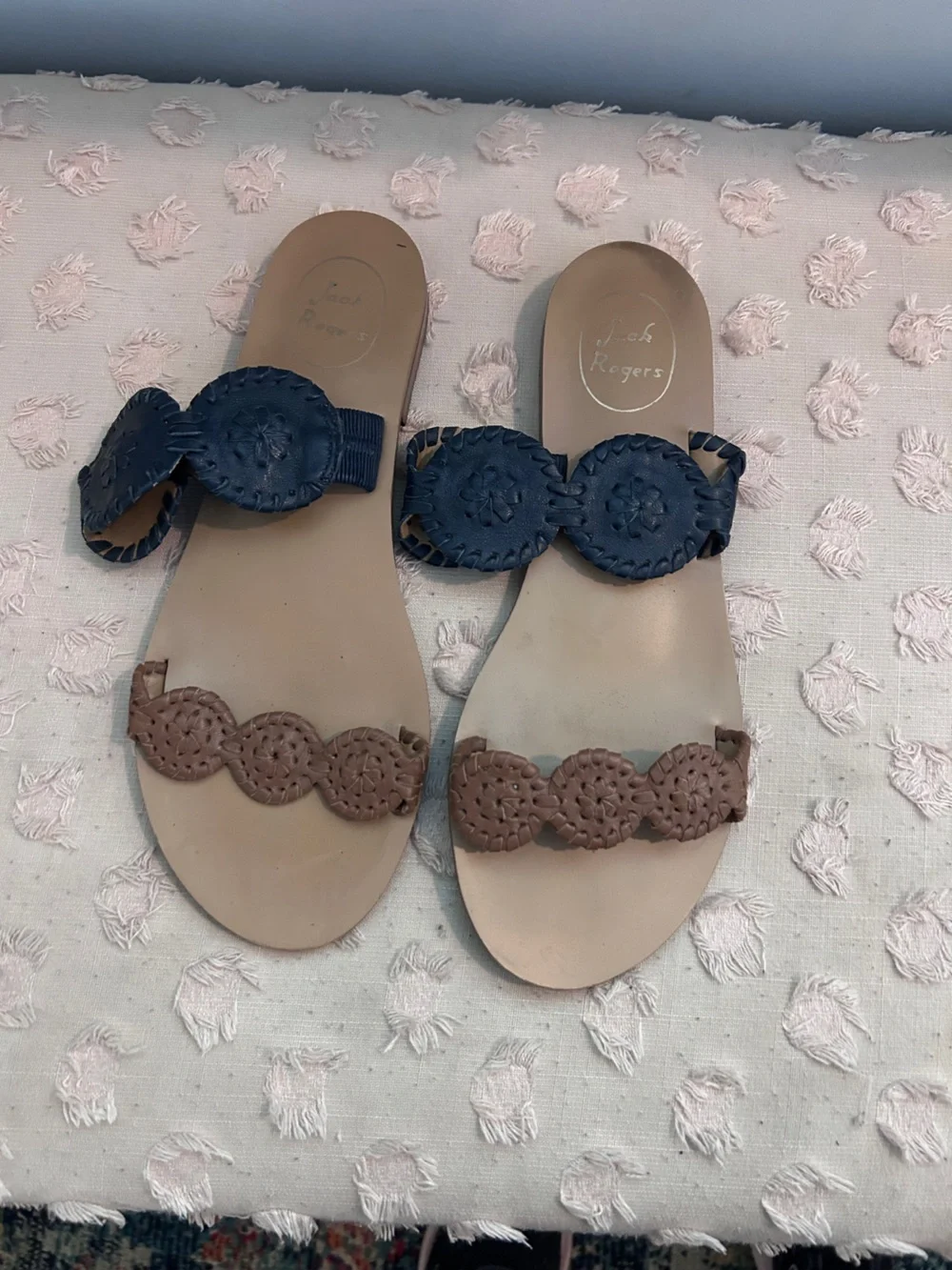 Jack Rogers Two-Tone Braided Leather Sandals in Navy and Taupe